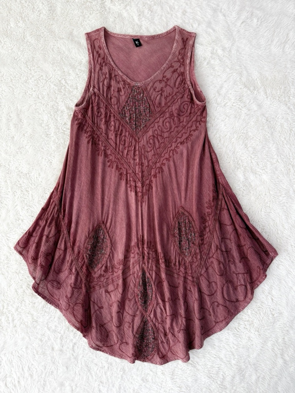 VTG Woman Burgundy Gauze Embroidered Relax Asymmetrical Sleeveless Tunic Dress